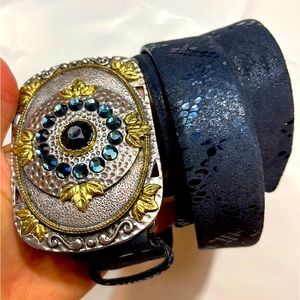 Chico's BLUE medallion bling belt Gold Silver GEM Hook Buckle, 34-38”long MEDIUM